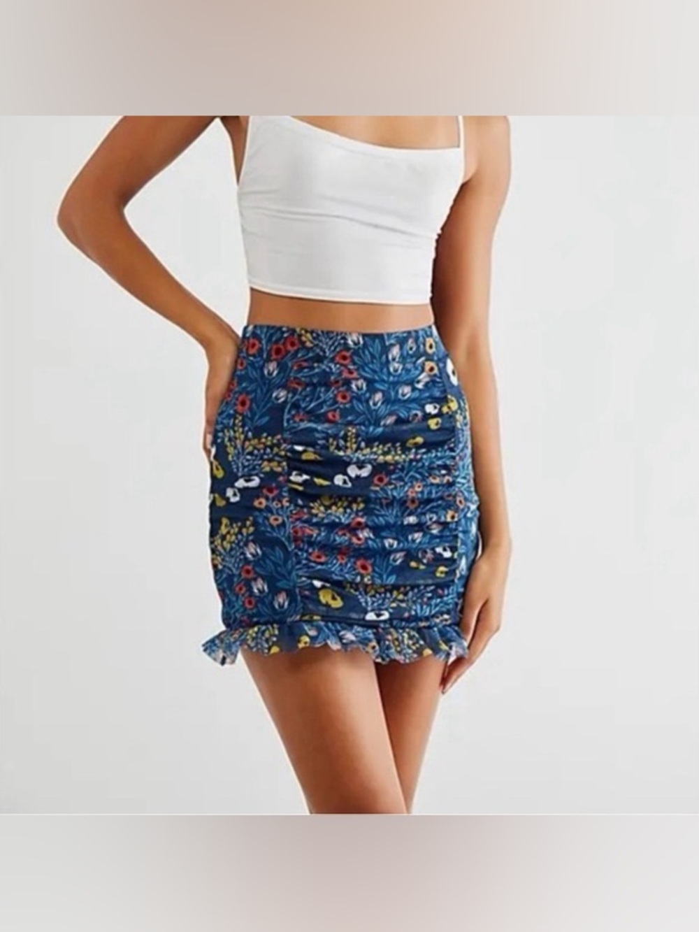 Free People-sz Small-Mesh Floral Ruffle Mini Skirt with Stretch